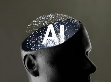 Grafik eines menschlichen Kopfes mit digitalen Elementen zum Thema künstliche Intelligenz und Technologie