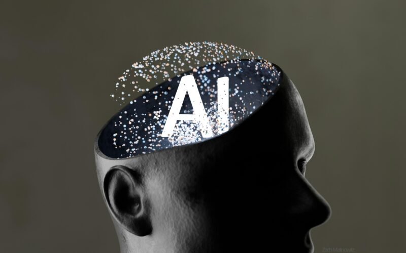 Grafik eines menschlichen Kopfes mit digitalen Elementen zum Thema künstliche Intelligenz und Technologie