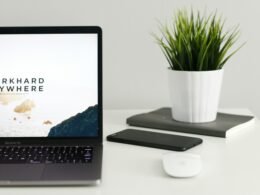 MacBook Pro auf einem Holztisch neben einer grünen Topfpflanze, ideal für einen modernen Arbeitsplatz oder das Homeoffice