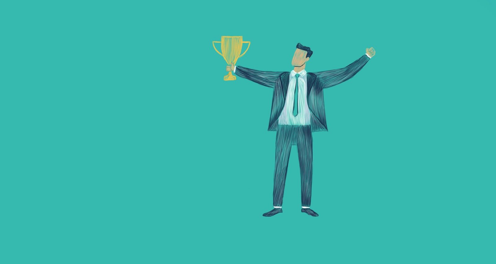 Ein Mann im Anzug steht mit erhobenen Armen und hält eine Trophäe; Gewinner eines Business- oder Marketing-Preises.