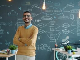 Mann mit verschränkten Armen steht lächelnd vor einer großen Mindmap an der Wand, die mit Notizen gefüllt ist.