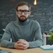 Mann mit Brille sitzt an einem Schreibtisch im hellen Büro und arbeitet am Computer, moderne Büroatmosphäre