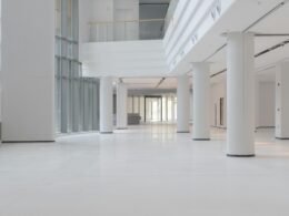Heller Innenraum mit weißen Säulen und großen Fenstern in moderner Architektur, aufgenommen bei Tageslicht
