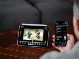 Person schaut sich ein Video gleichzeitig auf einem Tablet und einem Smartphone an