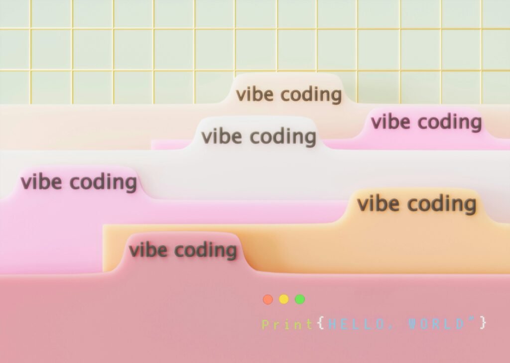 Screenshot einer Entwicklerumgebung mit Tabs ‚vibe coding‘ und sichtbarem Code im unteren Bereich, symbolisch für Softwareentwicklung.