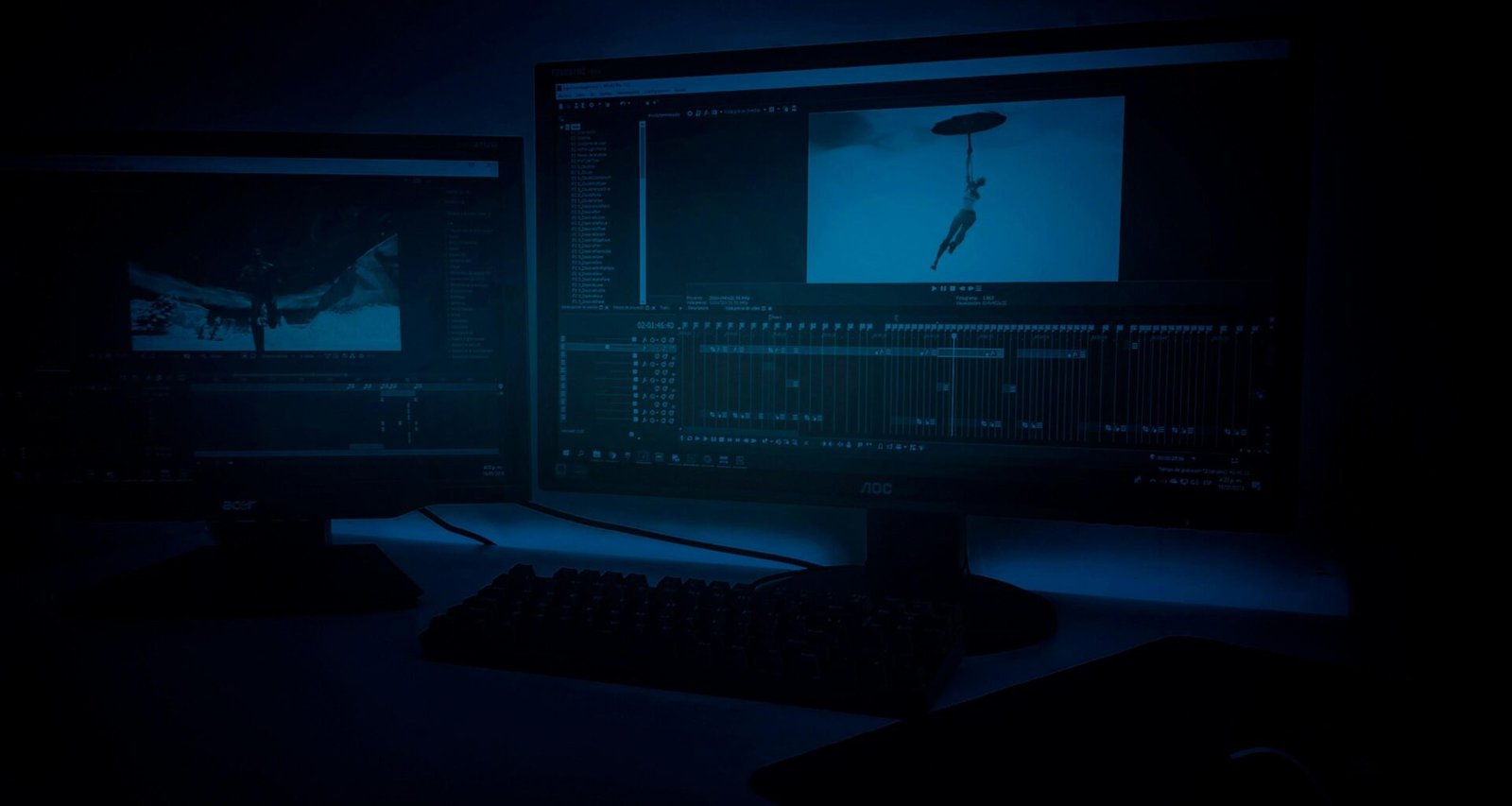 Zwei eingeschaltete Flachbildschirme nebeneinander auf einem modernen Schreibtisch, ideal für Technik- oder SEO-Themen