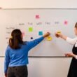Zwei Frauen schreiben an einem Whiteboard mit vielen bunten Klebezetteln während einer Teambesprechung.
