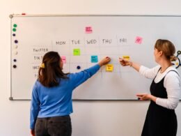 Zwei Frauen schreiben an einem Whiteboard mit vielen bunten Klebezetteln während einer Teambesprechung.