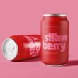 Zwei rote Erdbeer-Limonadendosen auf einem rosa Hintergrund nebeneinander als stilvolles Produktfoto arrangiert